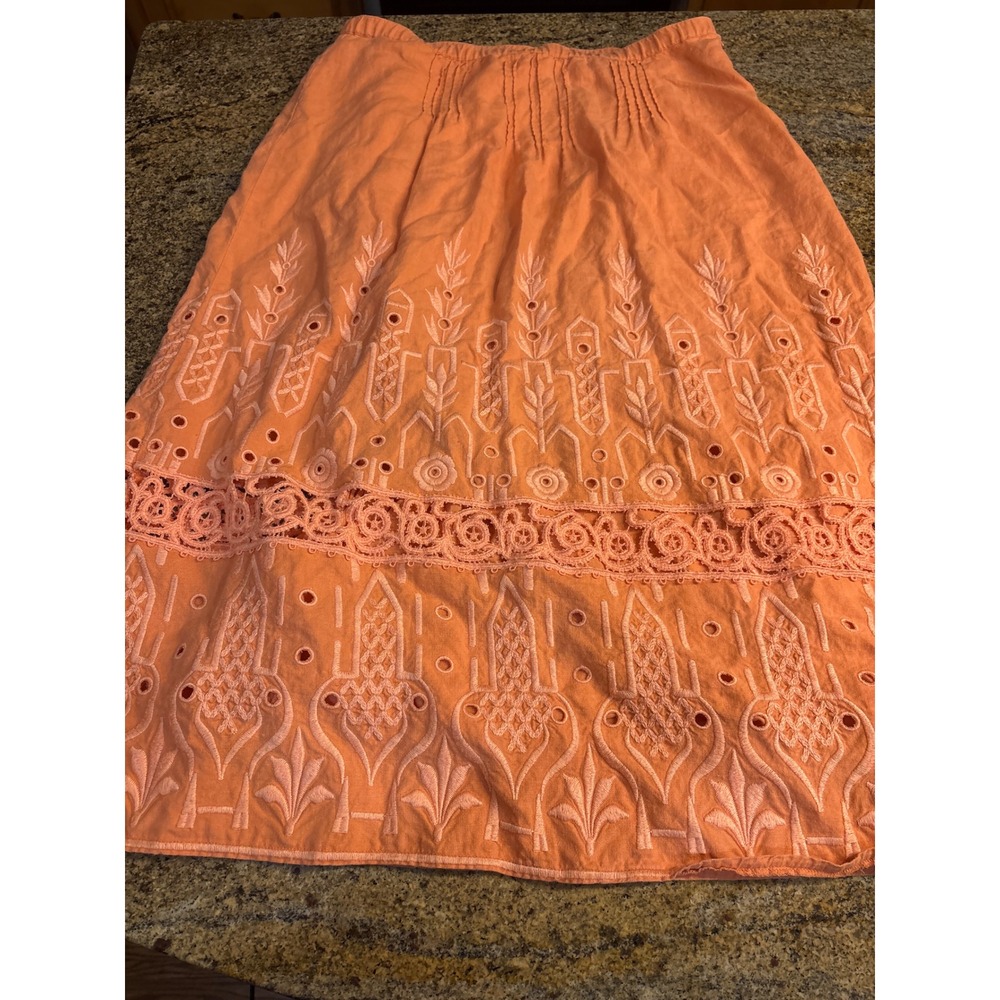 J. Jill Coral Orange Linen Eyelet Lace Midi Skirt Womens Medium Boho Embroidered